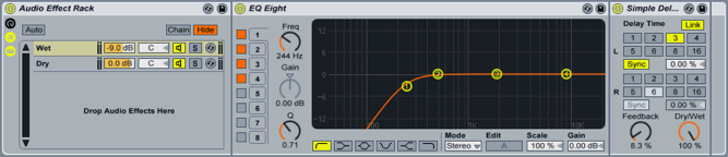 Subtle delay on the mid and high frequencies only, helped to bed out the sound a little.